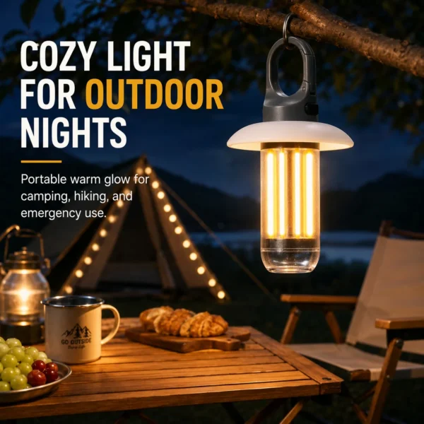 Rechargeable flashlight lantern hanging by its top hook in a tent with warm light on