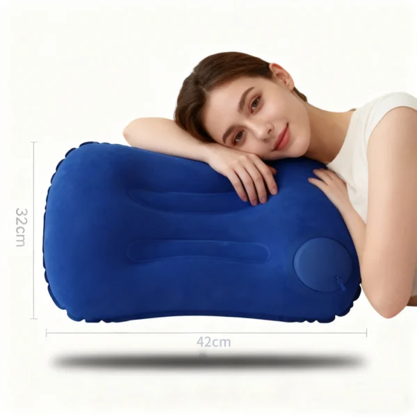 Inflatable lumbar support pillow in peacock blue placed behind the back of a car seat
