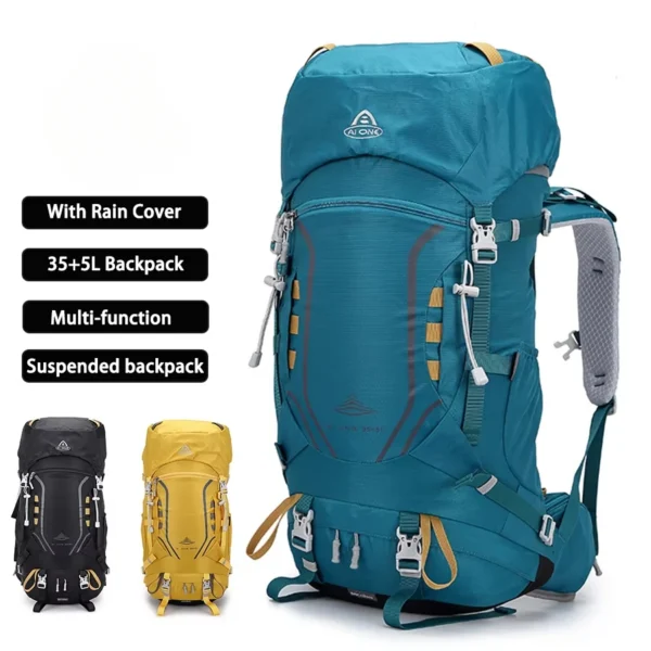 Molle trekking backpack in dark blue nylon with rain cover and molle webbing