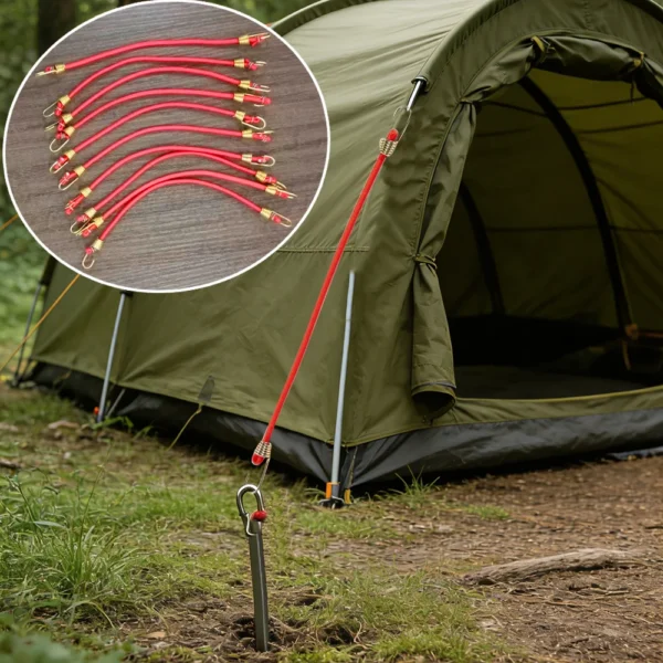 Ten tent fixing ropes with hooks in polyester laid out next to a camping tent