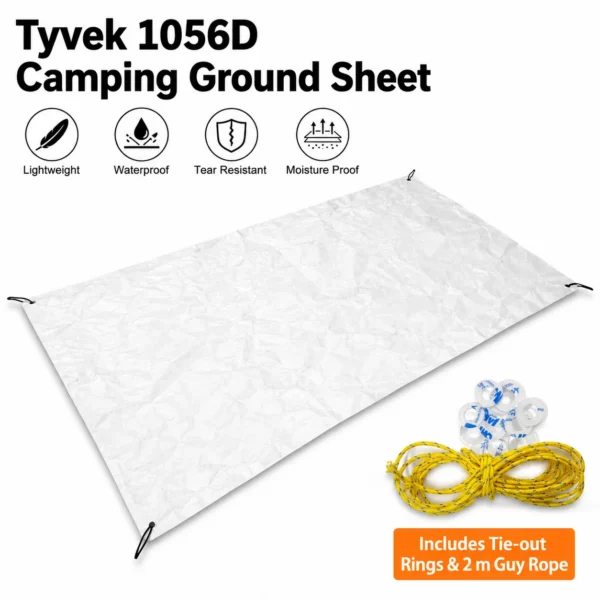 Tyvek tent footprint ground sheet spread on grass with corner tie-out loops and guy rope