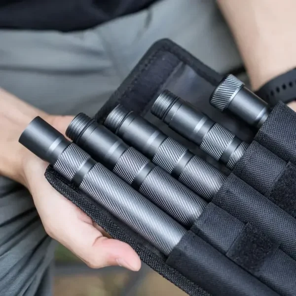 Multifunctional folding hiking pole in aluminum with foam grip shown extended and folded
