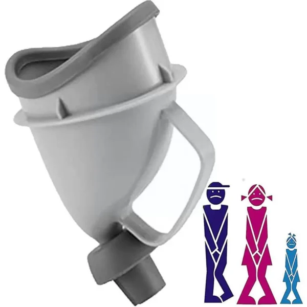 Gray male urinal funnel next to a plastic bottle in a car door pocket
