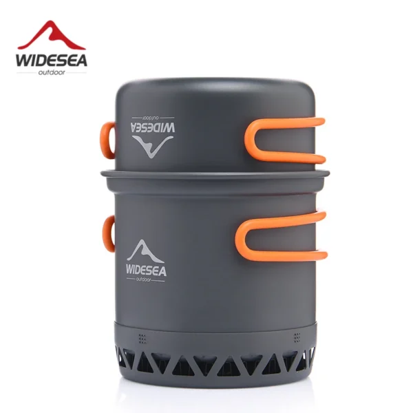 Hard anodized camping cookware set with a 2.3L pot and 1L kettle beside a satchel bag