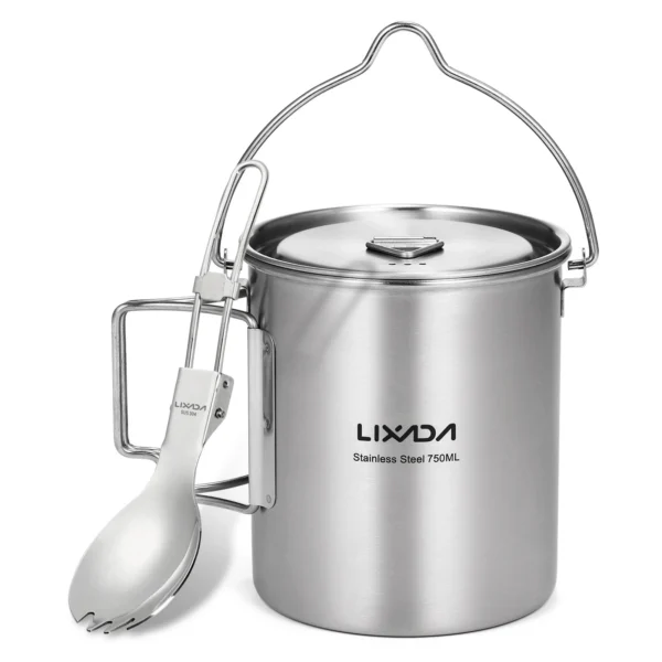 Stainless steel camping mug 750ml with lid and folding handles next to its mesh sack
