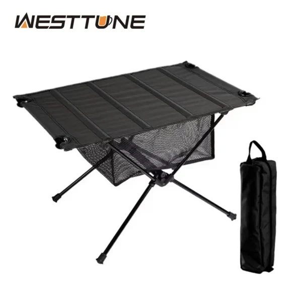 WESTTUNE roll up camping table in khaki with aluminum legs holding camp cooking gear