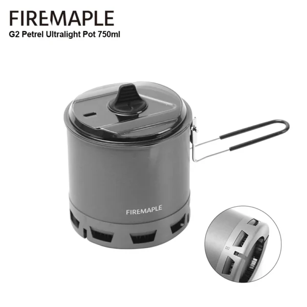Fire-Maple G2 Petrel ultralight camping pot with folding handle and neoprene sleeve on a rock