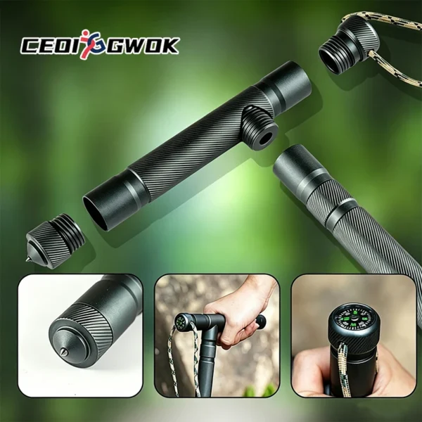 Collapsible T grip walking stick shown extended for mountain hiking with T-shaped handle