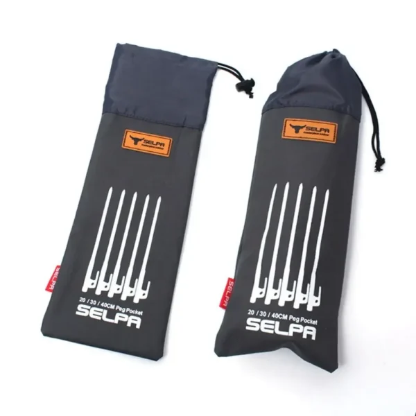 Tent peg storage bag in Oxford cloth holding metal stakes and a mallet beside a tent