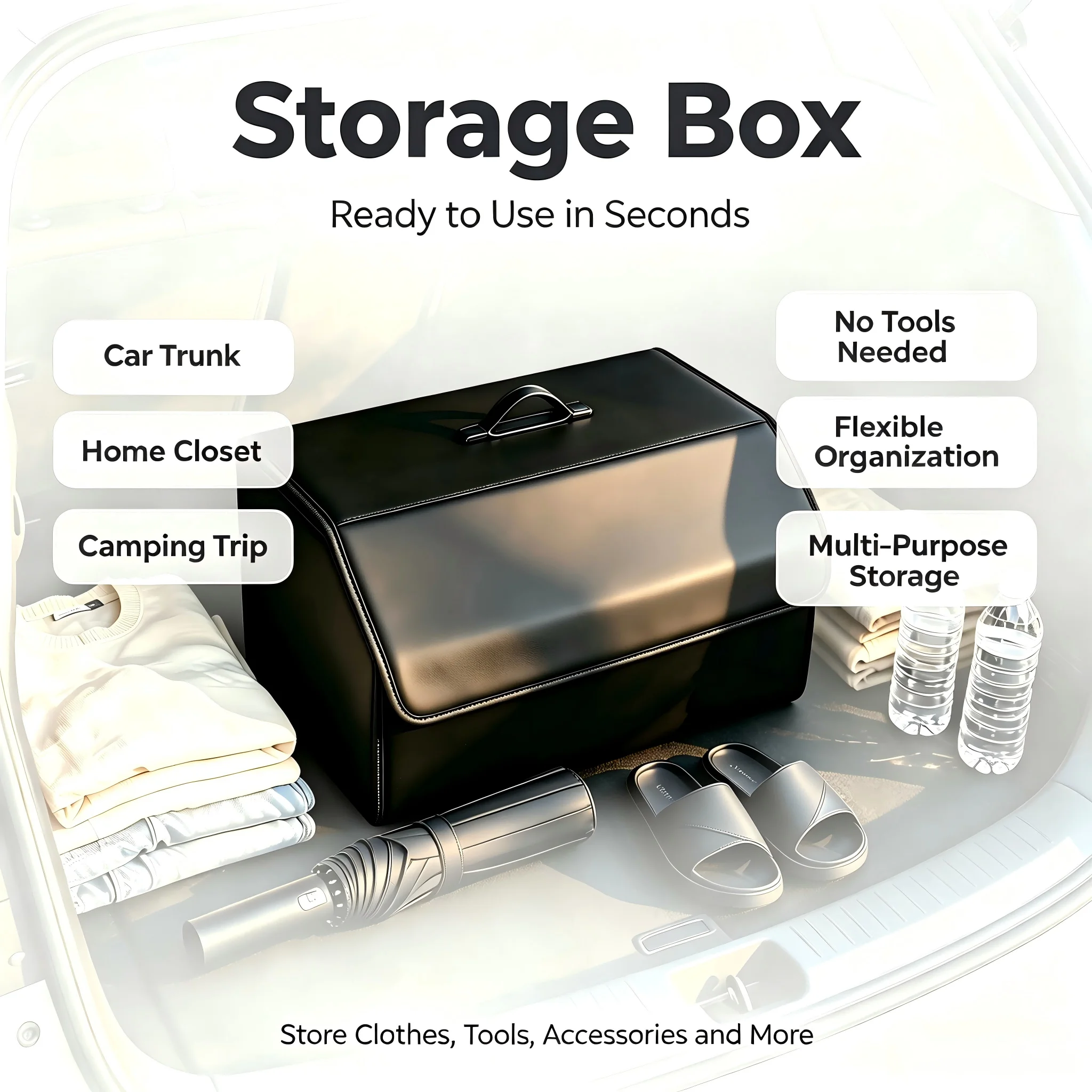 Leather Car Trunk Organizer, Collapsible PU Storage Box with Lid 1 Leather car trunk organizer in PU leather with its top cover open in an SUV trunk