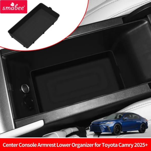 Silicone center console organizer tray fitted in the armrest box of a Toyota Camry