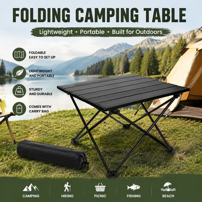 Thickened Roll Up Table Heavy Duty Double X-Frame With Carry Bag 1 Thickened roll up table with segmented top on a heavy duty double X-frame set up on a beach