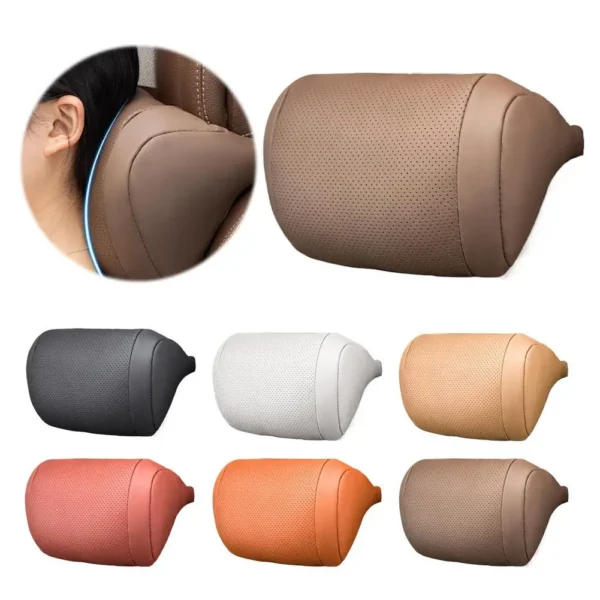 3d car neck pillow in black fitted to a car seat headrest behind the driver