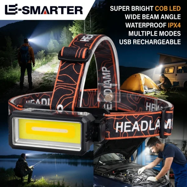 COB work headlamp with wide yellow COB light panel, sensor window and black elastic headband