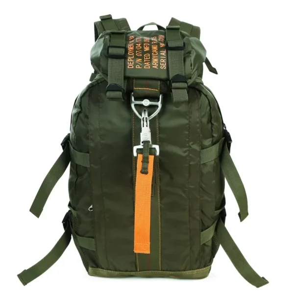 Lightweight trekking daypack in OD green nylon with front zip pocket