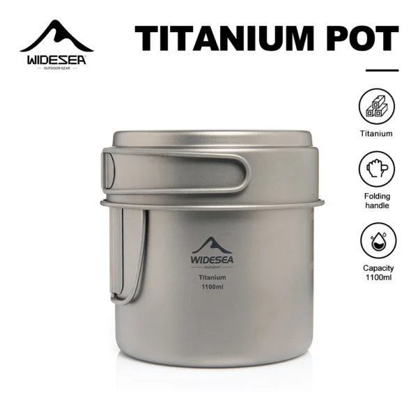 1100ml titanium camping pot with lid and folding handles next to its mesh storage bag