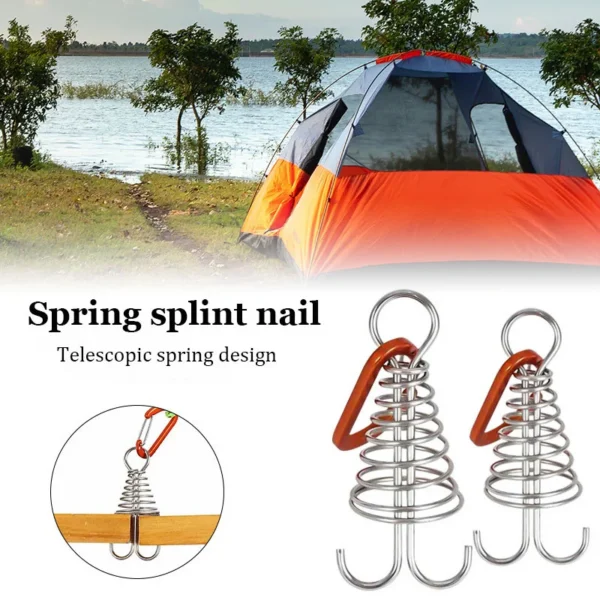Octopus deck tent pegs in red anchored in a wooden deck gap holding a tent guy rope