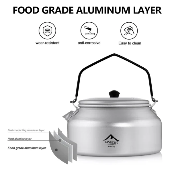 Pure aluminum camping kettle with removable handle on a portable gas stove at a campsite