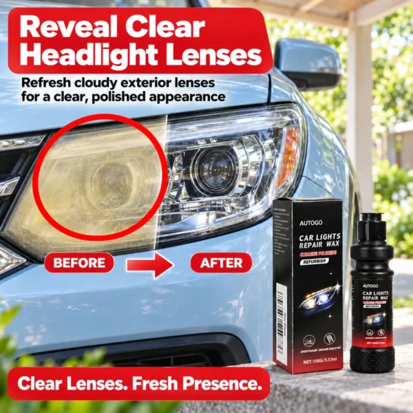 Headlight polishing paste applied to a cloudy car headlamp half restored to clear