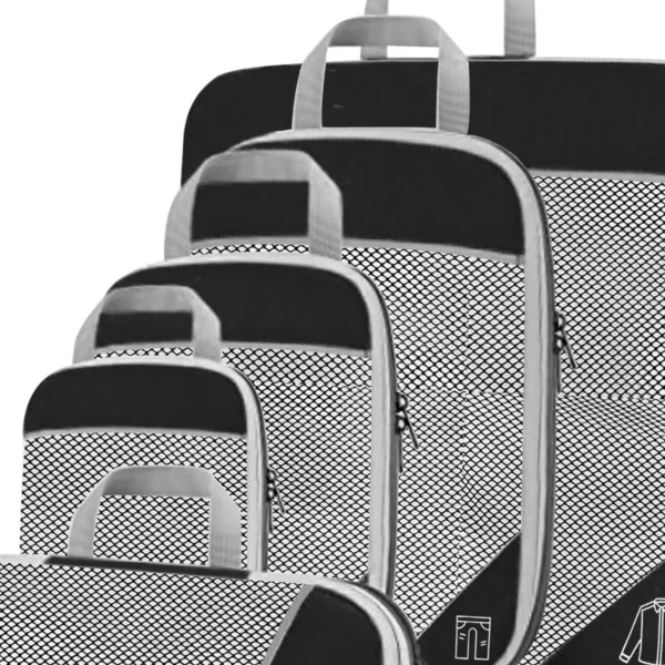 Nylon mesh packing cubes in several sizes with compression zippers and visible clothes inside