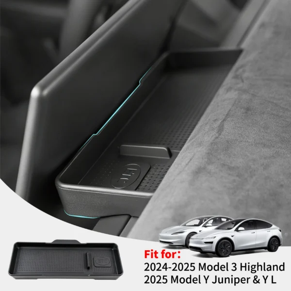 TPE console organizer tray in black placed in the center console of a Tesla Model 3 Highland
