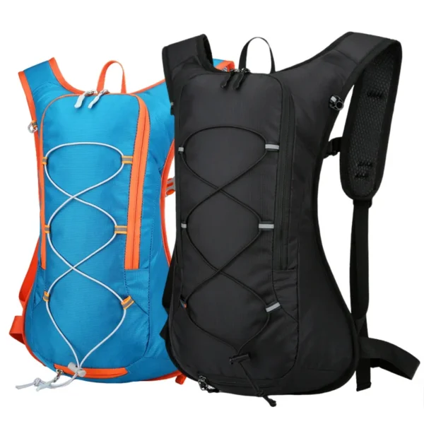 Blue bike hydration backpack with front reflective strips and breathable mesh back panel