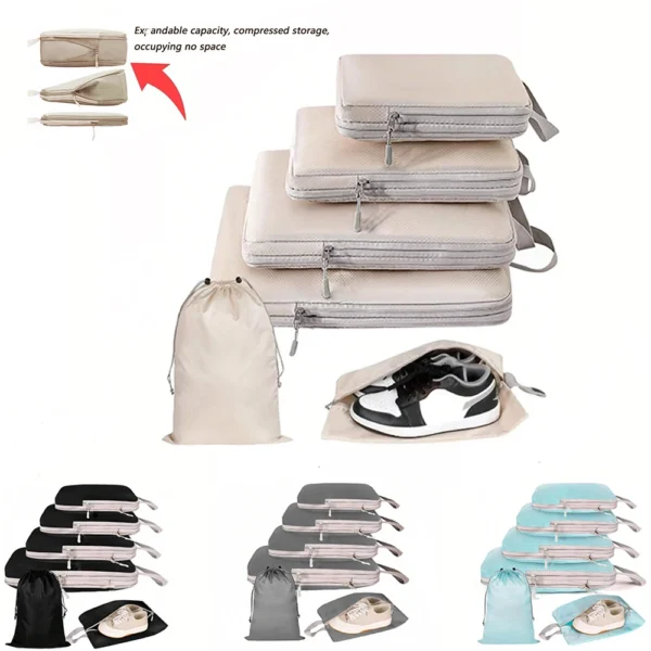 Sky blue space saving packing cubes set of six arranged inside an open carry-on suitcase