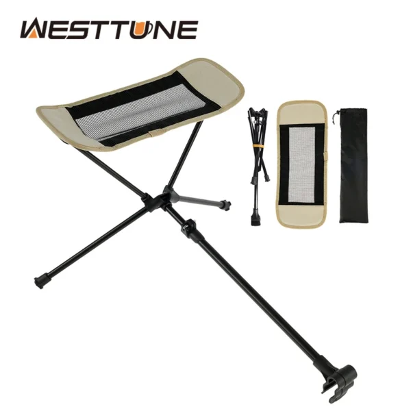 Camping chair footrest attached to a folding camp chair with khaki Oxford fabric leg panel