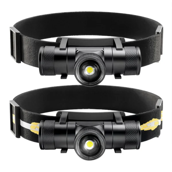 Type c 18650 headlamp with black anodized aluminum body and adjustable head strap