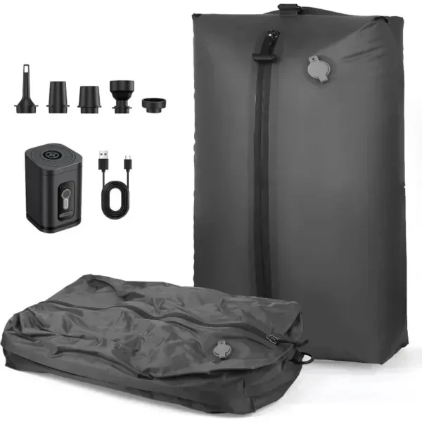 Black 17l vacuum compression bag with airtight zipper next to a small air pump