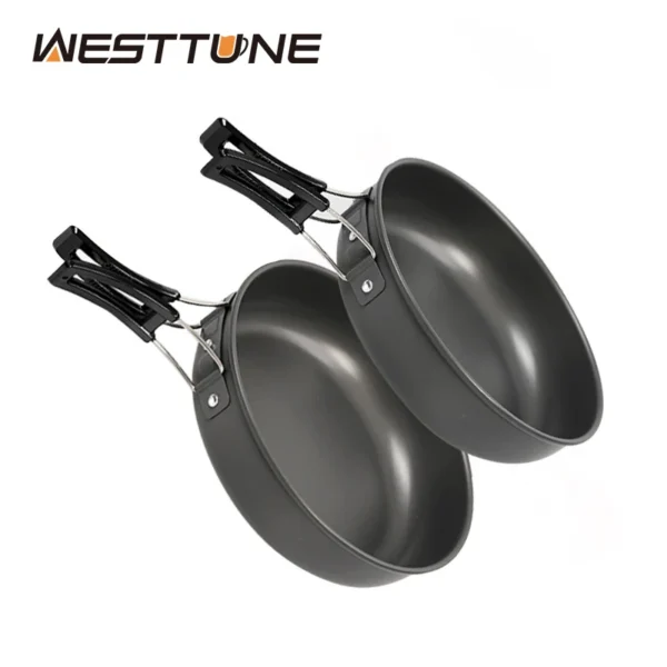 WESTTUNE aluminum camping frying pan with folding handle cooking eggs over a camp stove