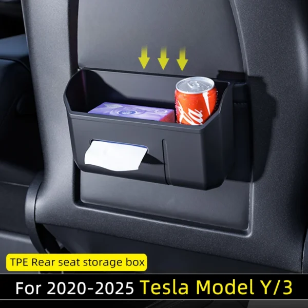 TPE seat back organizer with cup holder mounted behind the front seat of a Tesla Model Y