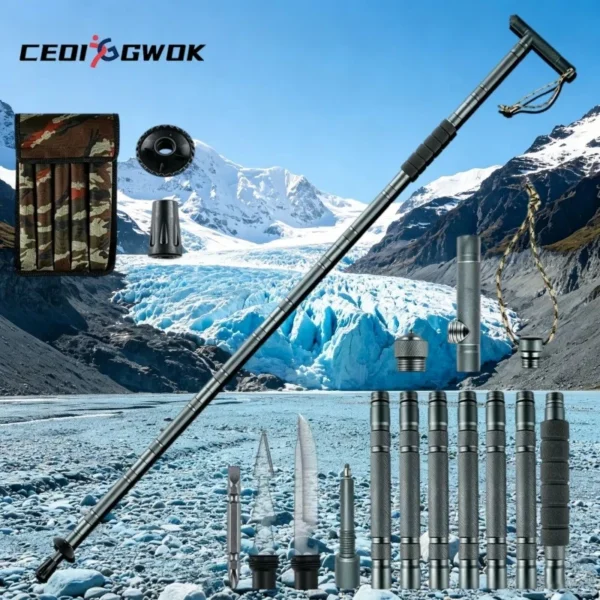 Foldable T handle stick shown folded and extended with adjustable sections