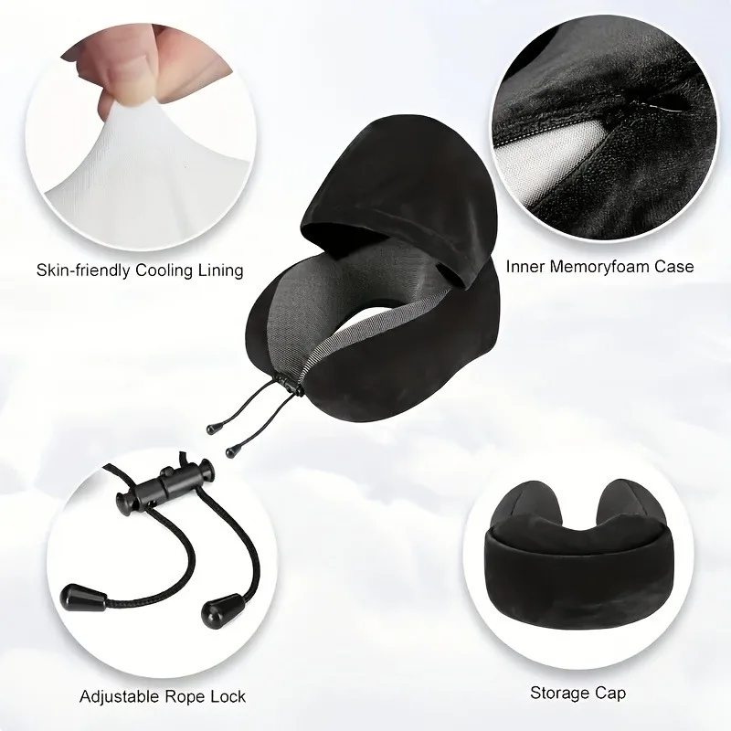 Hooded Travel Neck Pillow U Shape Memory Foam Removable Cover 5 Hooded Travel Neck Pillow U Shape Memory Foam Removable Cover - view 5