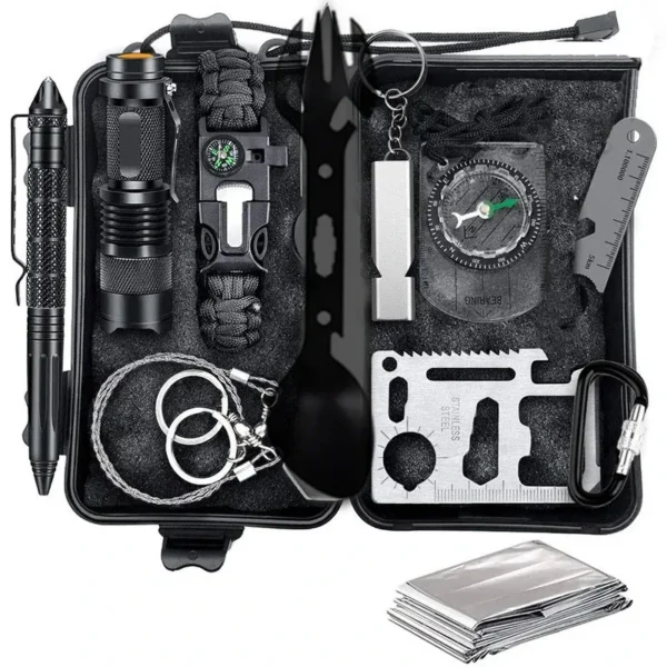Car first aid kit with survival and emergency gear laid out beside its compact case