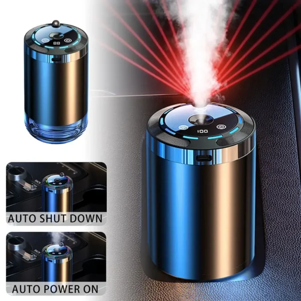 Car aromatherapy diffuser and humidifier releasing a light mist inside a car cabin