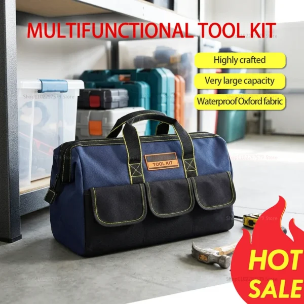 Waterproof electrician tool bag in thick Oxford cloth with tools in its compartments