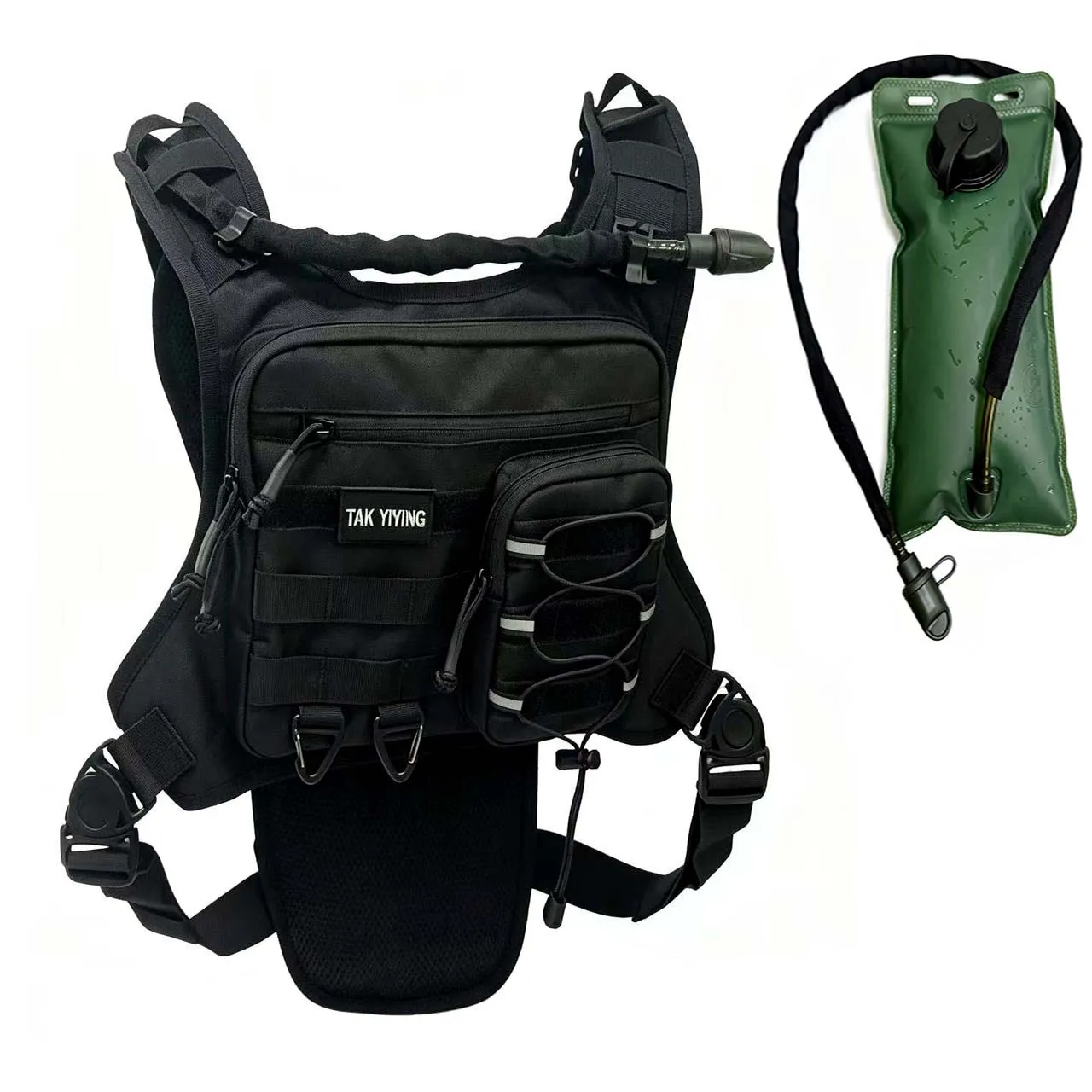 Chest Bag Hydration Vest 11 Inch with 2L Bladder Pocket 1 Chest bag hydration vest in khaki nylon with 11 inch front bag and back bladder pocket