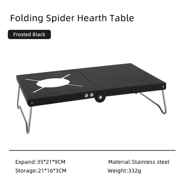 Spider stove folding table in stainless steel holding a camp burner and pot outdoors