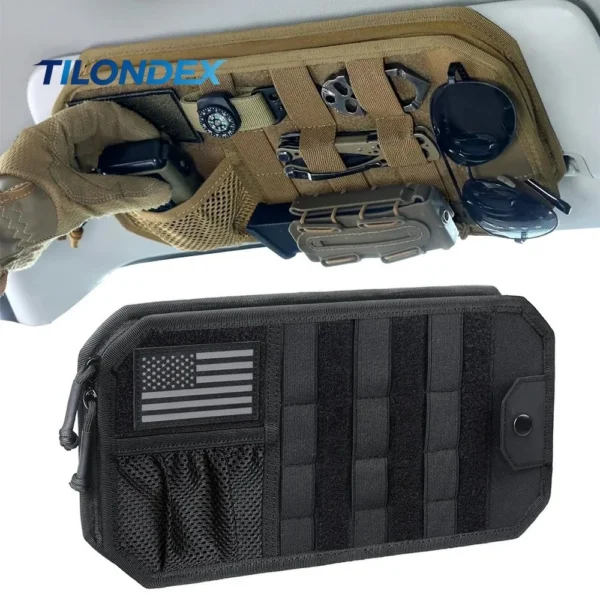 MOLLE sun visor organizer attached to a car visor holding a flashlight and small pouches