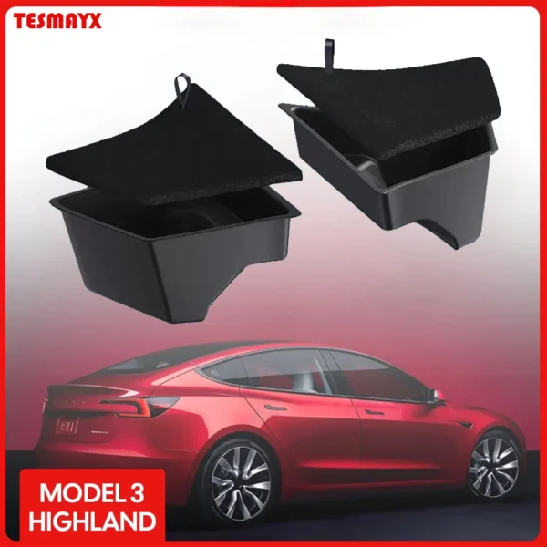 Black trunk side storage box with drawstring lid fitted into a Tesla Model 3 Highland rear trunk