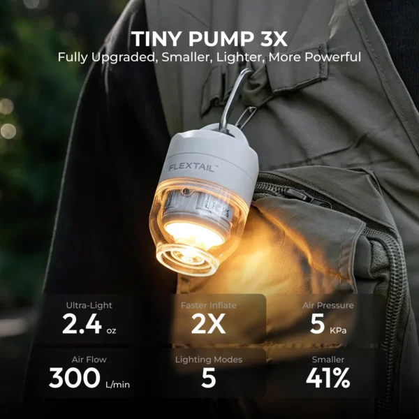 Mini camping air pump with built-in light in a compact palm-size plastic body