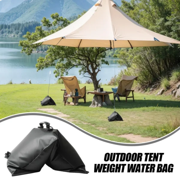 Water fillable canopy weights wrapped around the legs of a pop-up beach gazebo on sand