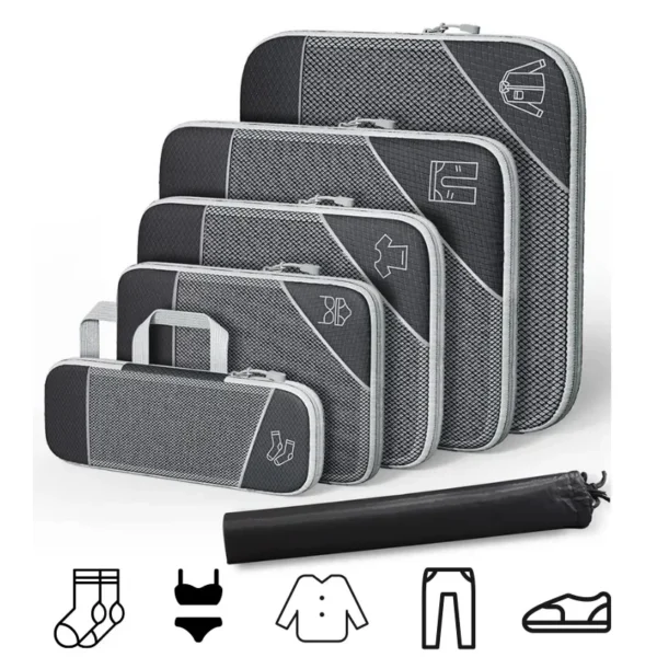 Breathable luggage organizer set of six blue nylon bags arranged in an open suitcase