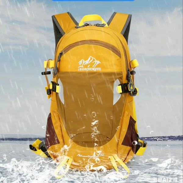 External frame hiking backpack 25L in sky blue showing removable load-bearing frame and water bottle