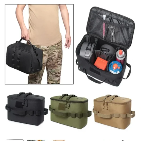 Army green camping stove carry bag holding a gas stove, fuel canister and nesting pots