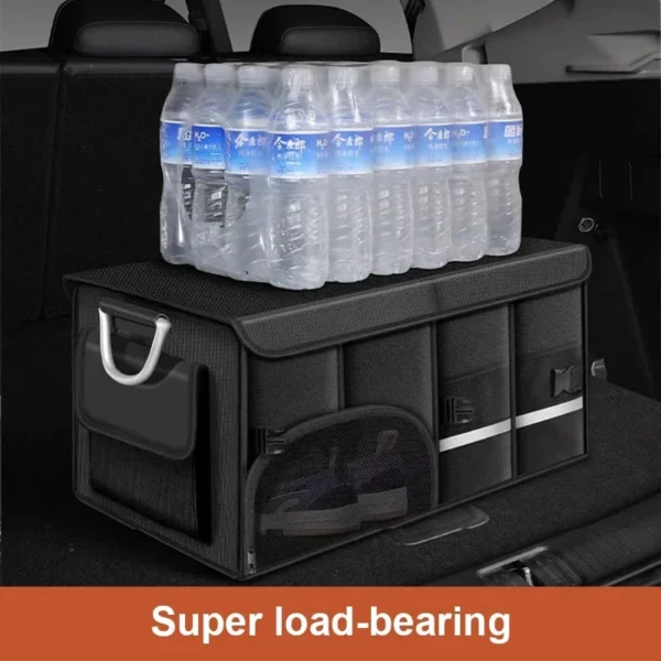 Gray extra large trunk organizer in Oxford cloth with partitions and lid open in an SUV trunk