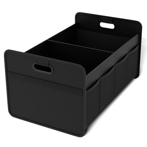 Gray 40L foldable trunk box with side net packed with camping gear in a car trunk