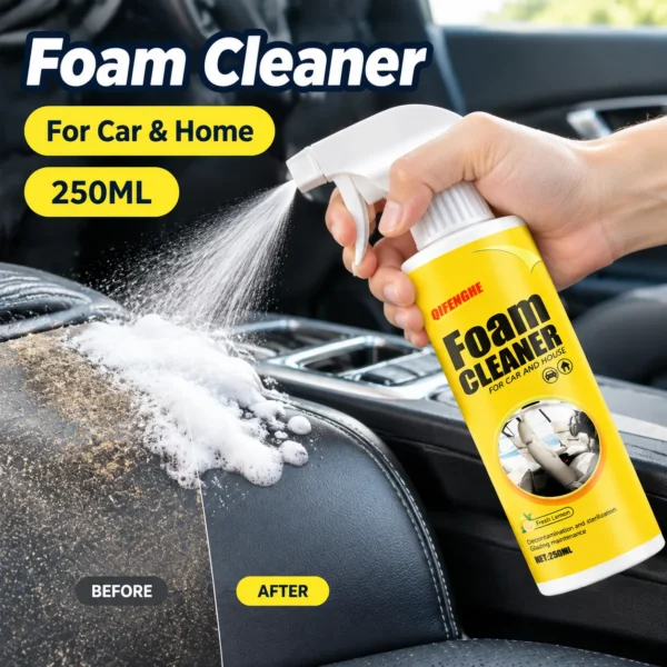 Lemon foam cleaner spray bottle with two cleaning sponges on a car seat
