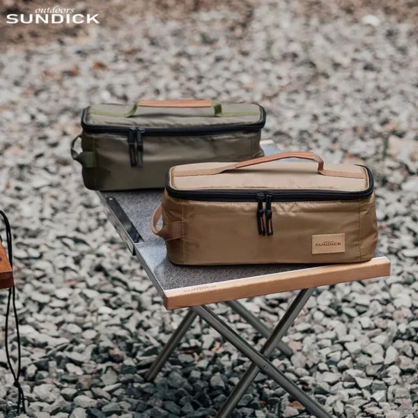 Khaki camping cutlery pouch made of 210D polyester holding a fork, spoon and chopsticks